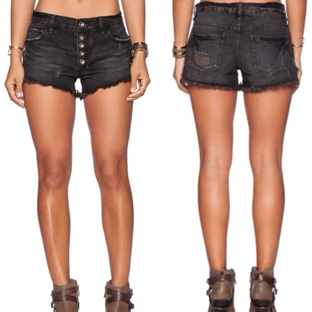 FREE PEOPLE Shark Bite Black Distressed Jean Denim Shorts